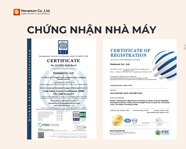 Hai chứng chỉ của Henanum Co., Ltd.: FSSC 22000 số 24-FSSC-0129 và ISO 9001 số KSQA-170784